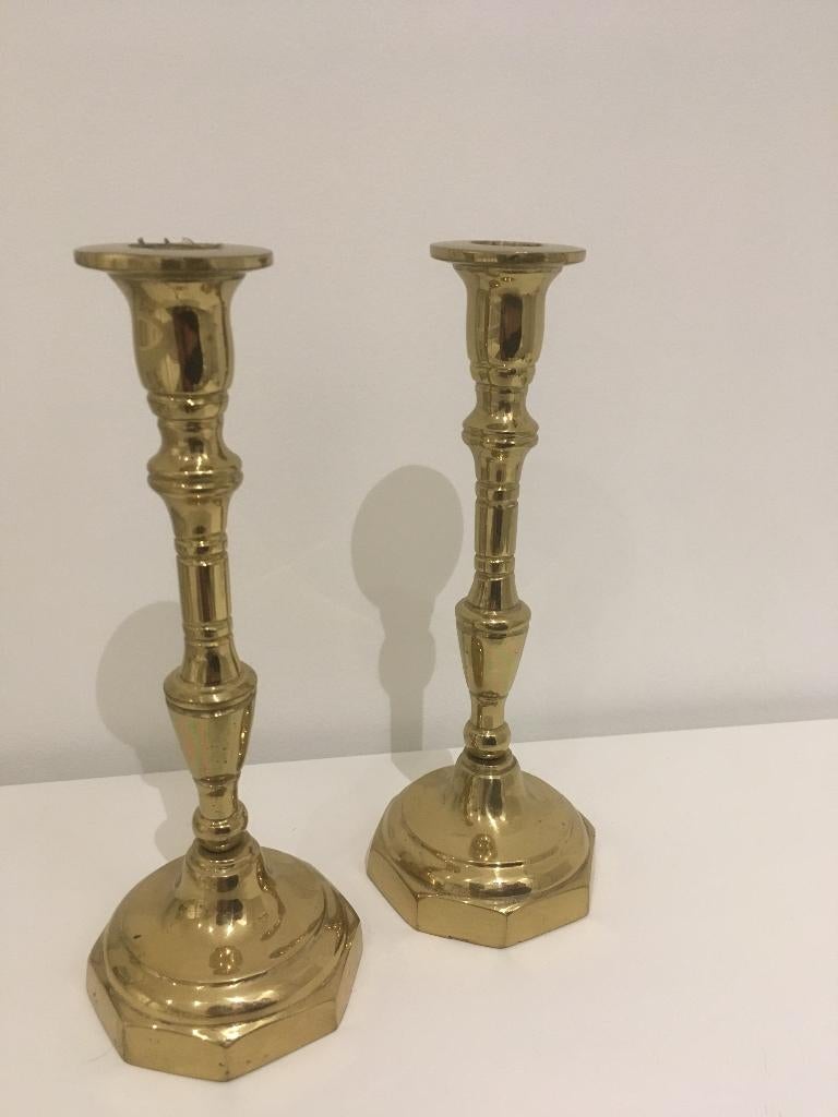 2 koperen kandelaars hoogte 23 cm perfecte staat, Ophalen, Overige kleuren, Brons of Koper, Nieuw
