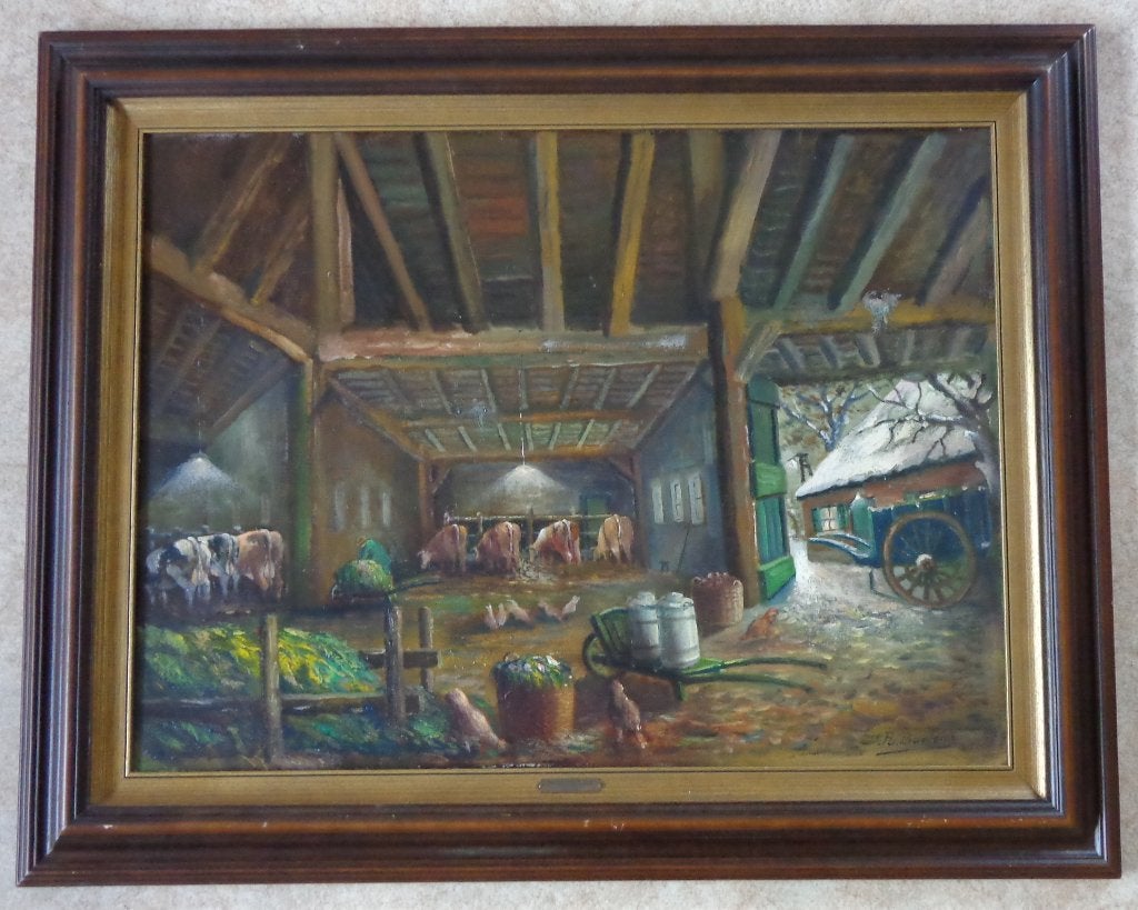 RAYMOND BUELENS / OCHTEND IN STAL / OLIEVERF DOEK / 80x100cm, Ophalen, Doek, Expressionistisch, Dieren