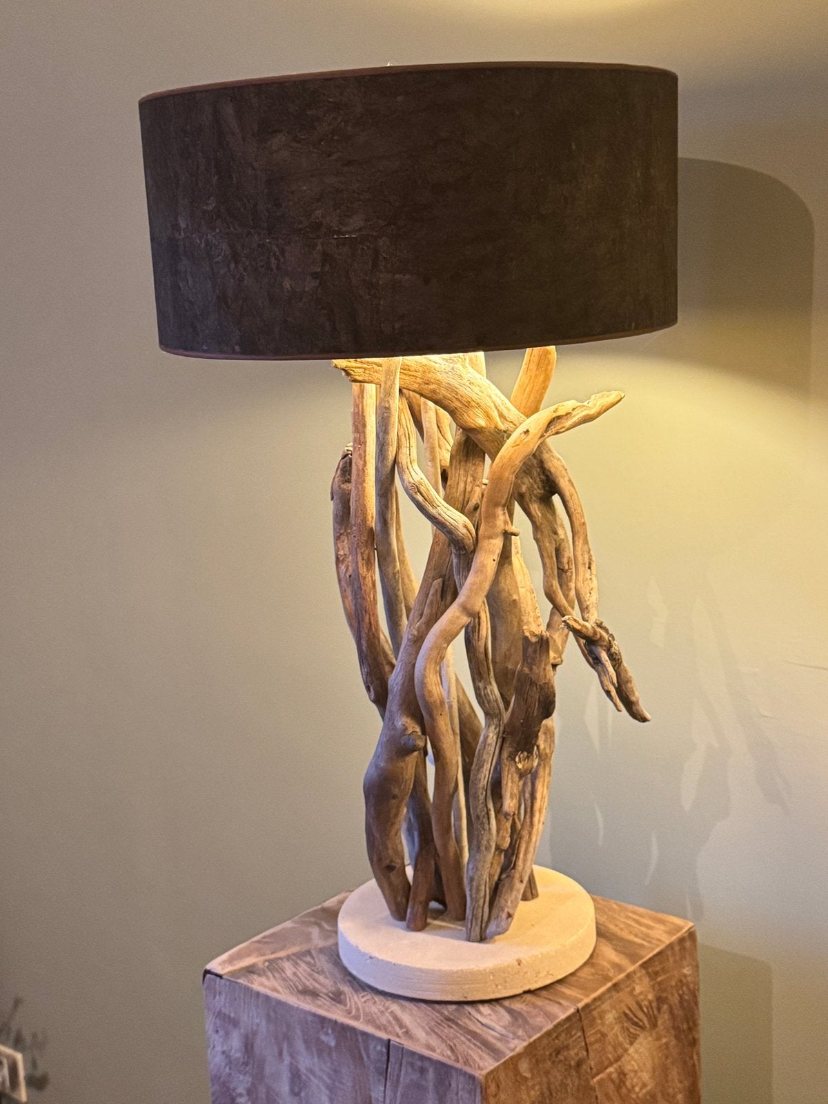 Tafellampen in driftwood met lampenkap, Huis en Inrichting, Ophalen, Zo goed als nieuw