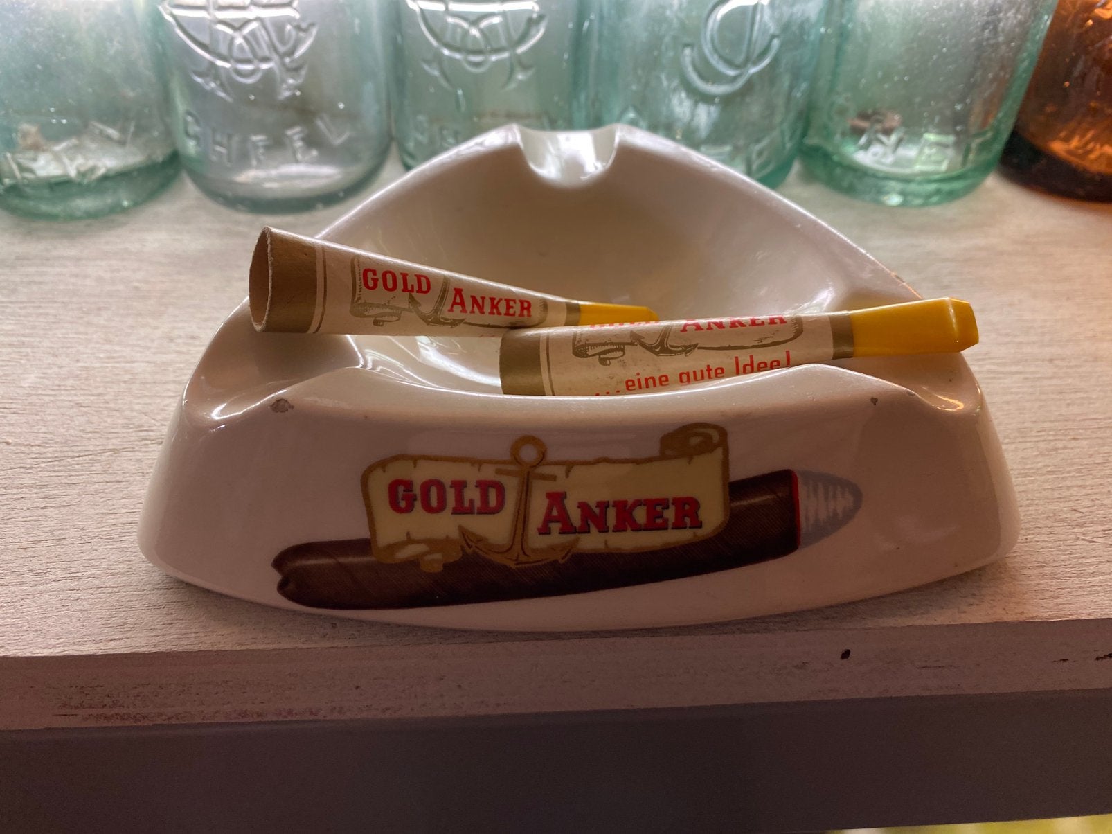 Mooie oude asbak gold anker sigaren met bijhorende pijpjes, Ophalen of Verzenden, Zo goed als nieuw, Asbak