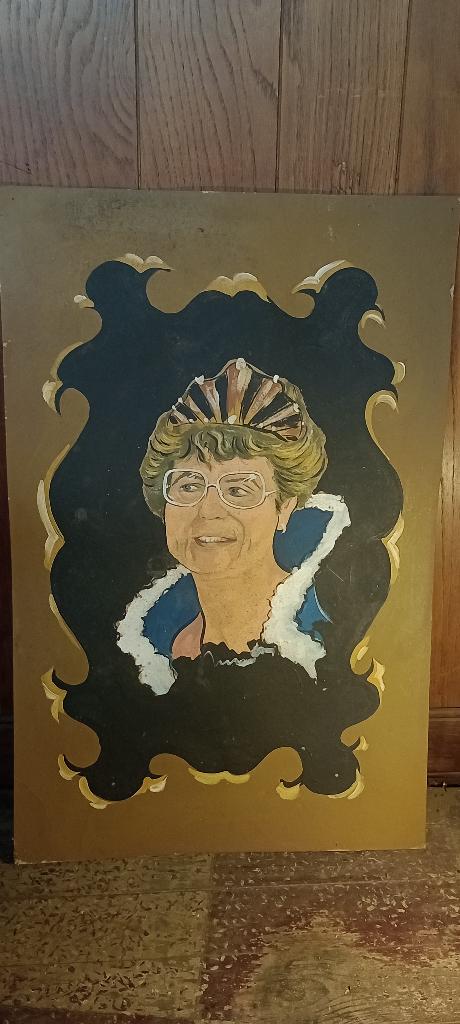 Tableau Naïf Portrait Reine à Lunettes Vintage 52x80,n133, Antiquités & Art, Enlèvement ou Envoi, Vintage