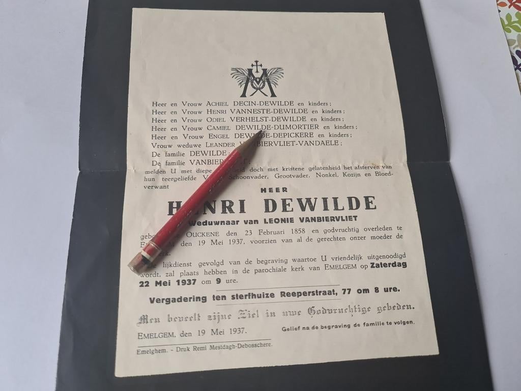 Rouwbrief + bidprentje henri (henrdik) dewilde 1858-1937, Ophalen of Verzenden