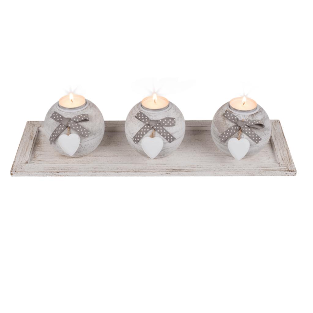 decoratie - houten plankje met 3 theelichthouders, Crème, Nieuw, Ophalen of Verzenden, Hout