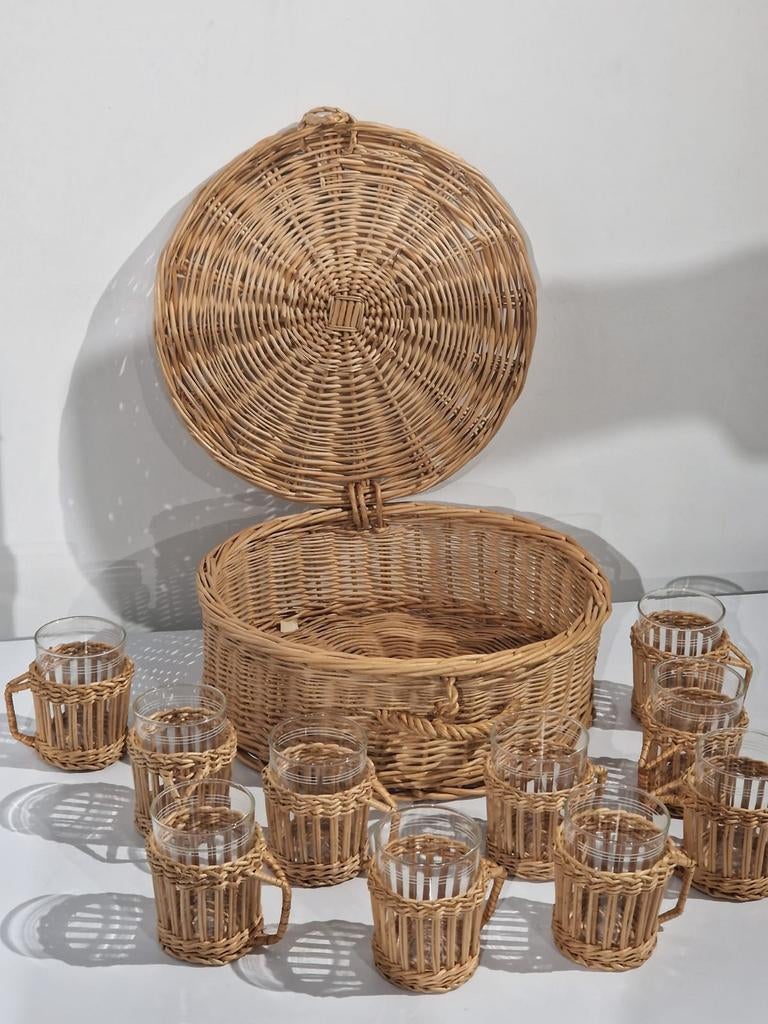 Schott verran thee set , glas in rotan , design germany, Antiek en Kunst, Antiek | Servies compleet, Ophalen of Verzenden