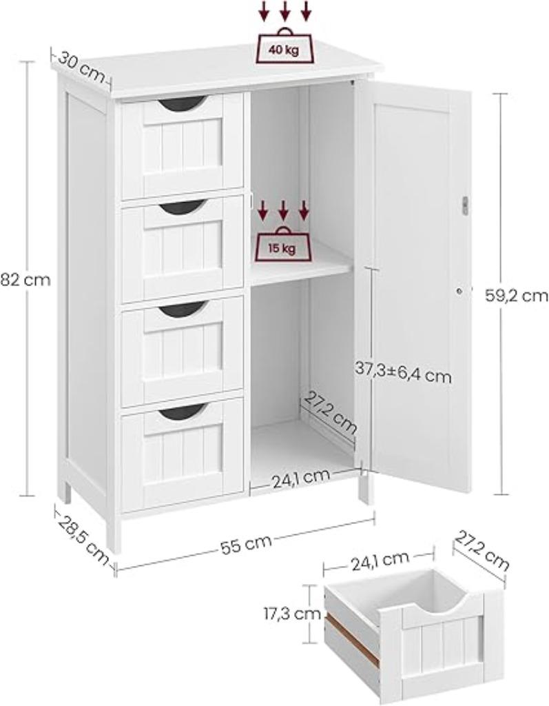 Vasagle Badkamermeubel |  commode | met 4 laden | Nieuw, -, Verzenden, Wit, -