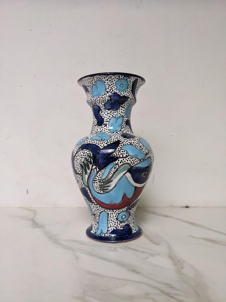 Handgeschilderde vintage vaas, Maison & Meubles, Accessoires pour la Maison | Vases, Comme neuf, Bleu, Moins de 50 cm, Poterie ou Porcelaine