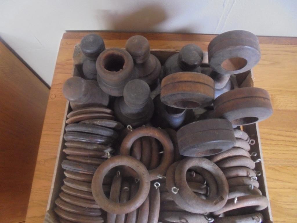 vintage houten gordijnringen, steunen en stops, Ophalen, Gebruikt