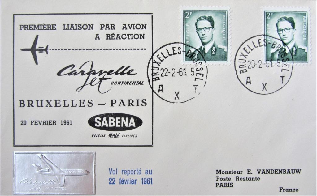 FDC SABENA- BRUSSEL- PARIJS 1961, Enlèvement ou Envoi, Affranchi, Avions