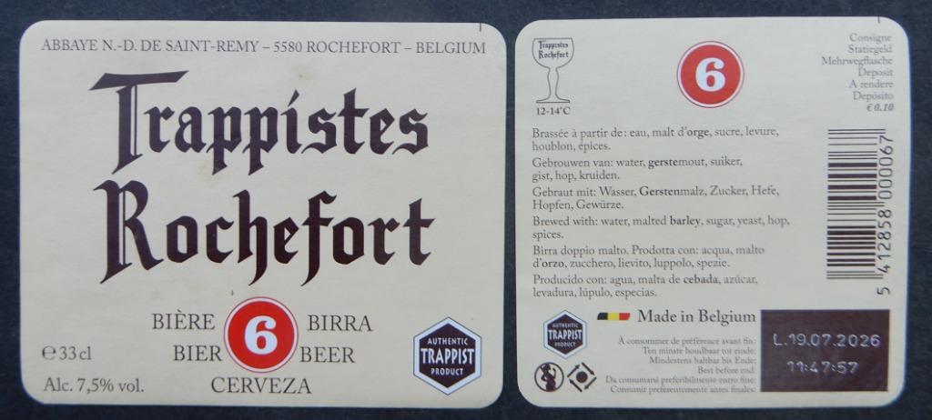 Etiquette de bière Rochefort 6 Bras. Abbaye Saint Rémy 10w7, Enlèvement ou Envoi, Utilisé, Autres types, Autres marques