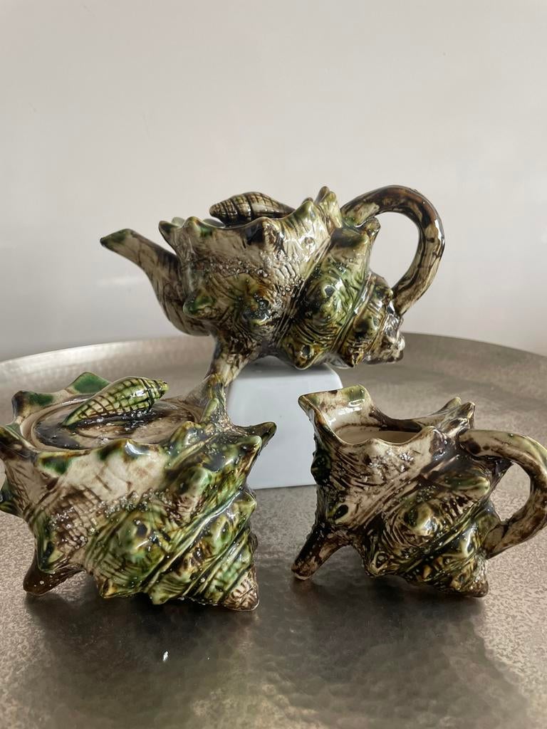 Uniek Frans majolica thee- of koffie servies, 60s, Enlèvement ou Envoi, Céramique