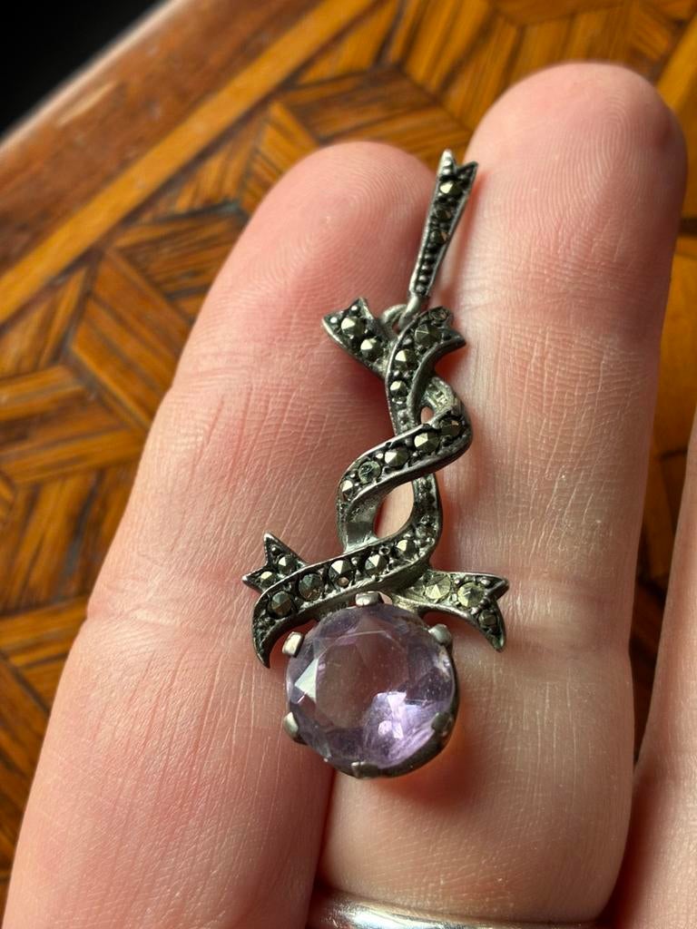 Pendentif art nouveau/art déco en argent avec améthyste, Enlèvement ou Envoi, Argent, Pendentif, Avec pierre précieuse