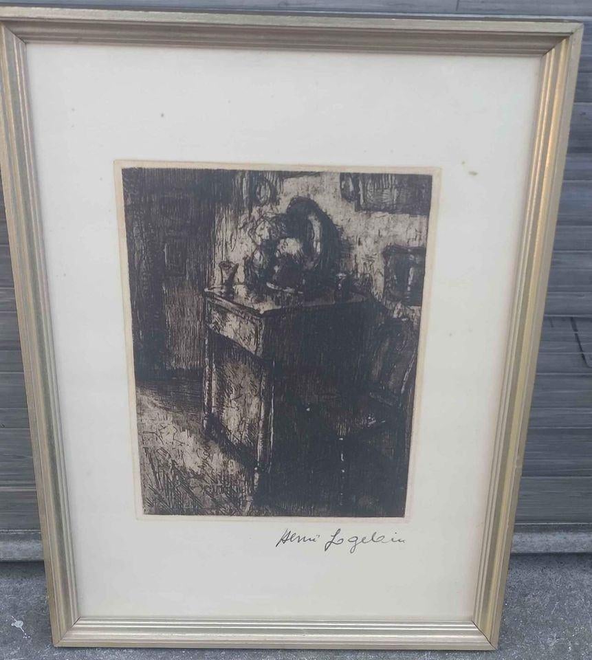 Gravure intérieur de maison signe henri logelain, Antiquités & Art, Enlèvement ou Envoi