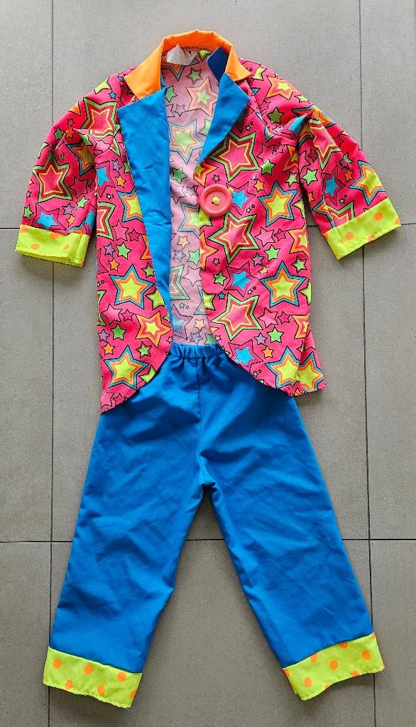 Leuk clownspak in fluokleuren voor carnaval, maat 116 (6j), Ophalen of Verzenden, Gebruikt, 110 t/m 116, Jongen of Meisje