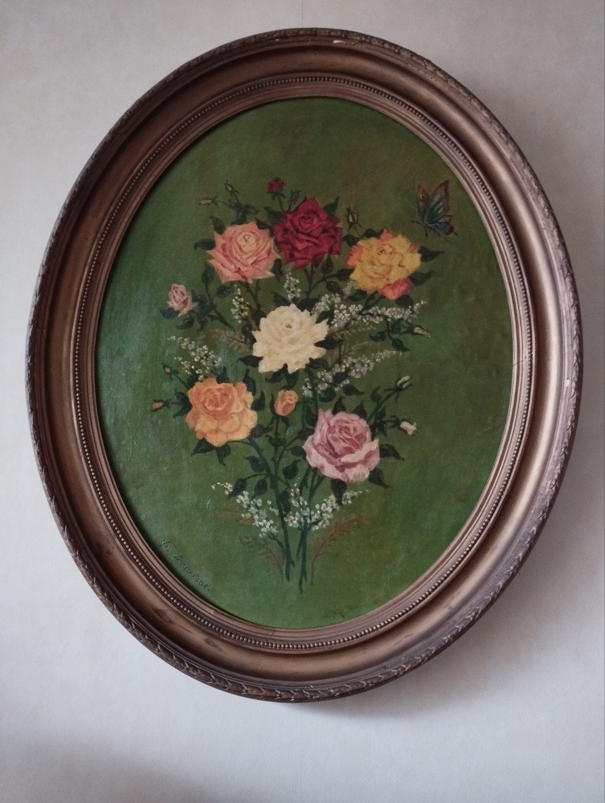 een grote ovalen schilderij met 5 rozen erop kleur verschill, Antiek en Kunst, Ophalen