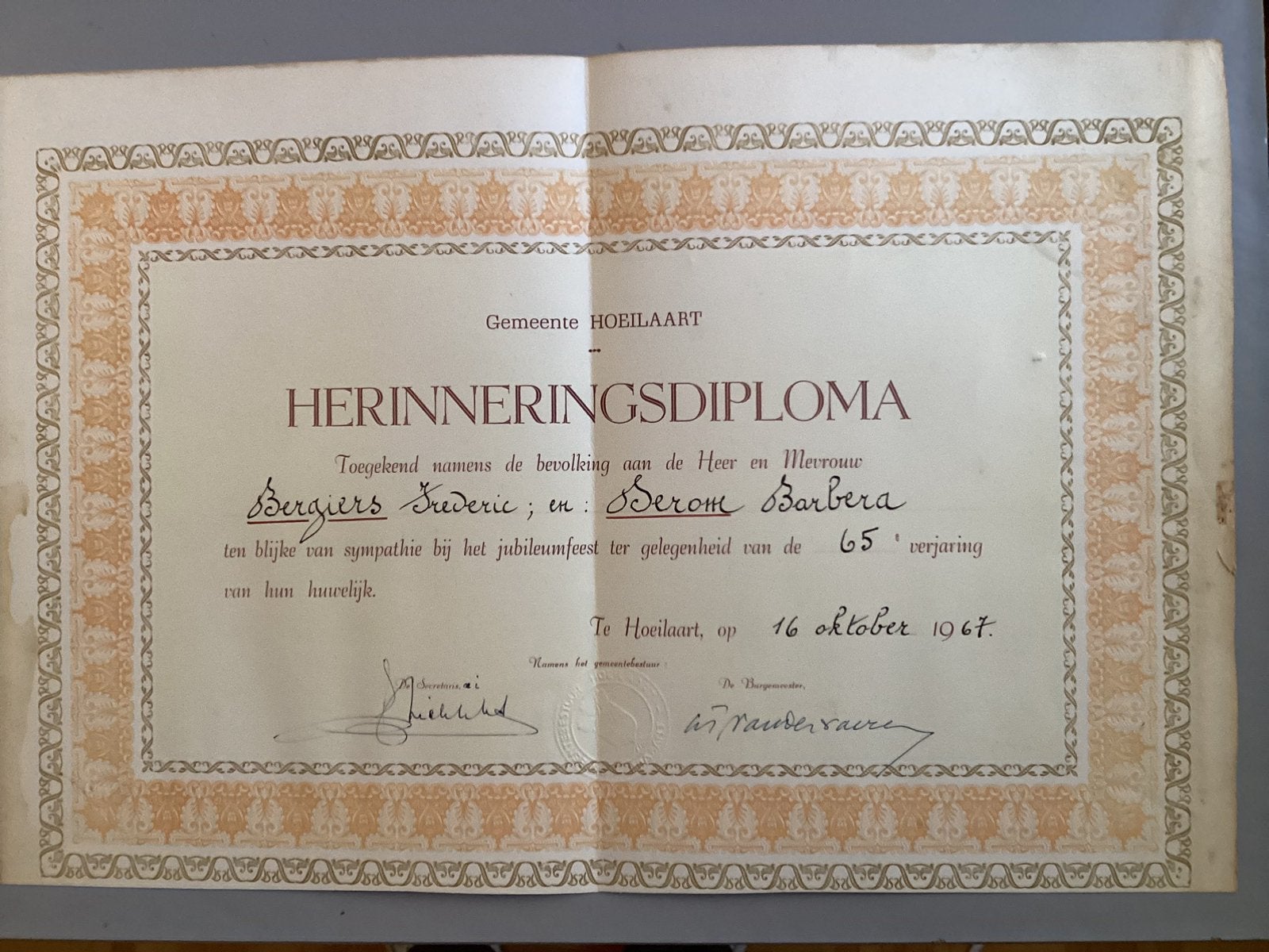 Herrineringsdiploma 1967 - 65 verjaring BERGIERS DEROM, Postzegels en Munten, Aandelen en Waardepapieren, Ophalen of Verzenden