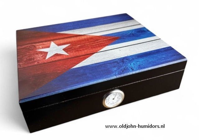 HUMIDOR HOUTSTRUCTUUR CUBA VLAG HYGOMETER BUITENZIJDE   h39H, Verzamelen, Verzenden, Nieuw, Tabaksdoos of Verpakking