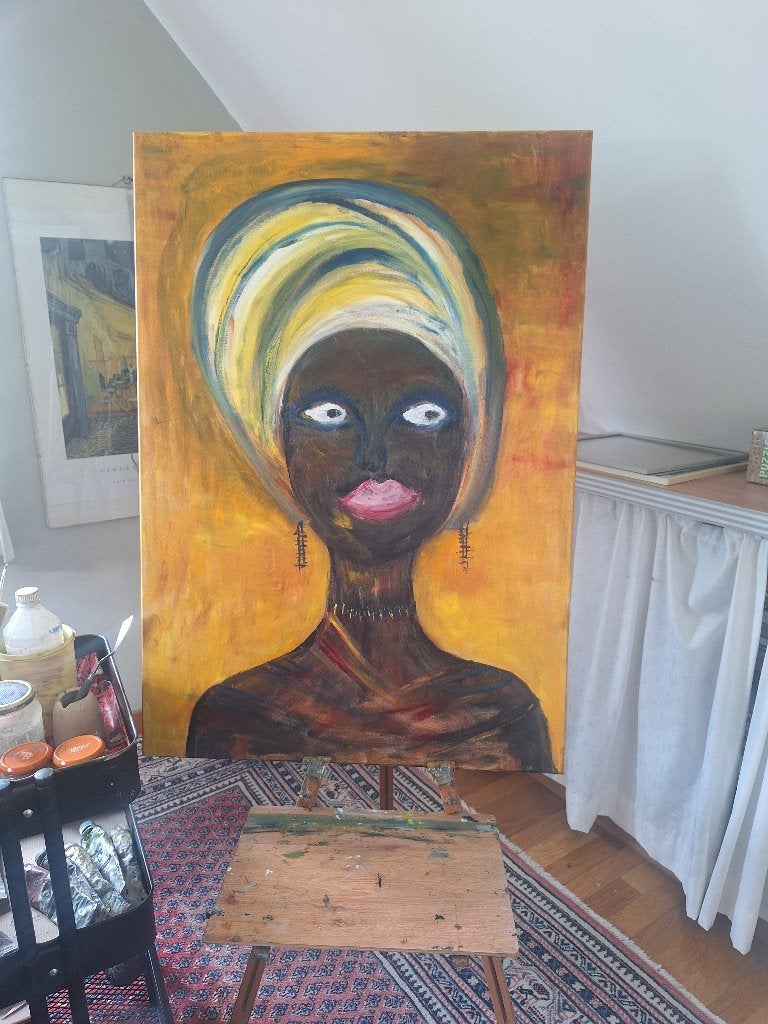 Schilderij olie op doek: Afrikaanse dame, Portrait ou Personnes, Enlèvement ou Envoi, Peinture à l'huile, Expressionniste