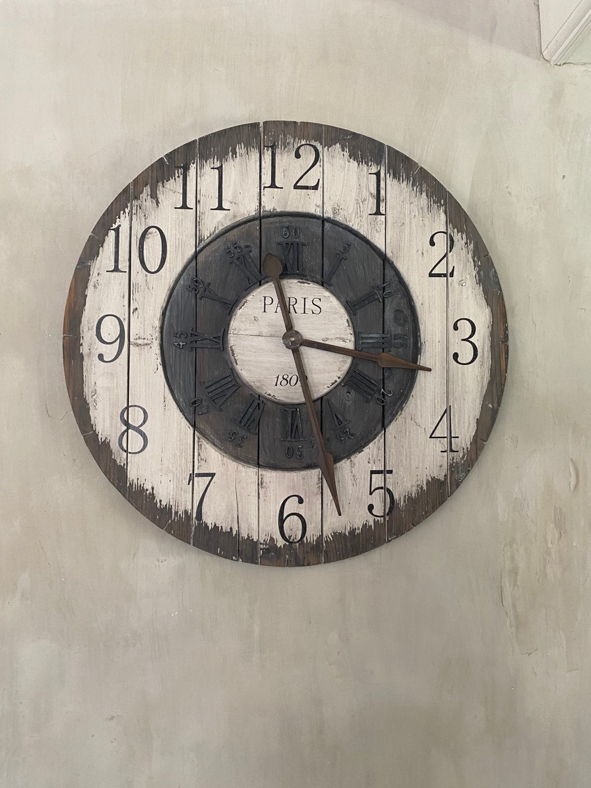 Horloge en bois 80 cm, Campagne, Gris, Enlèvement, Fonctionne sur piles