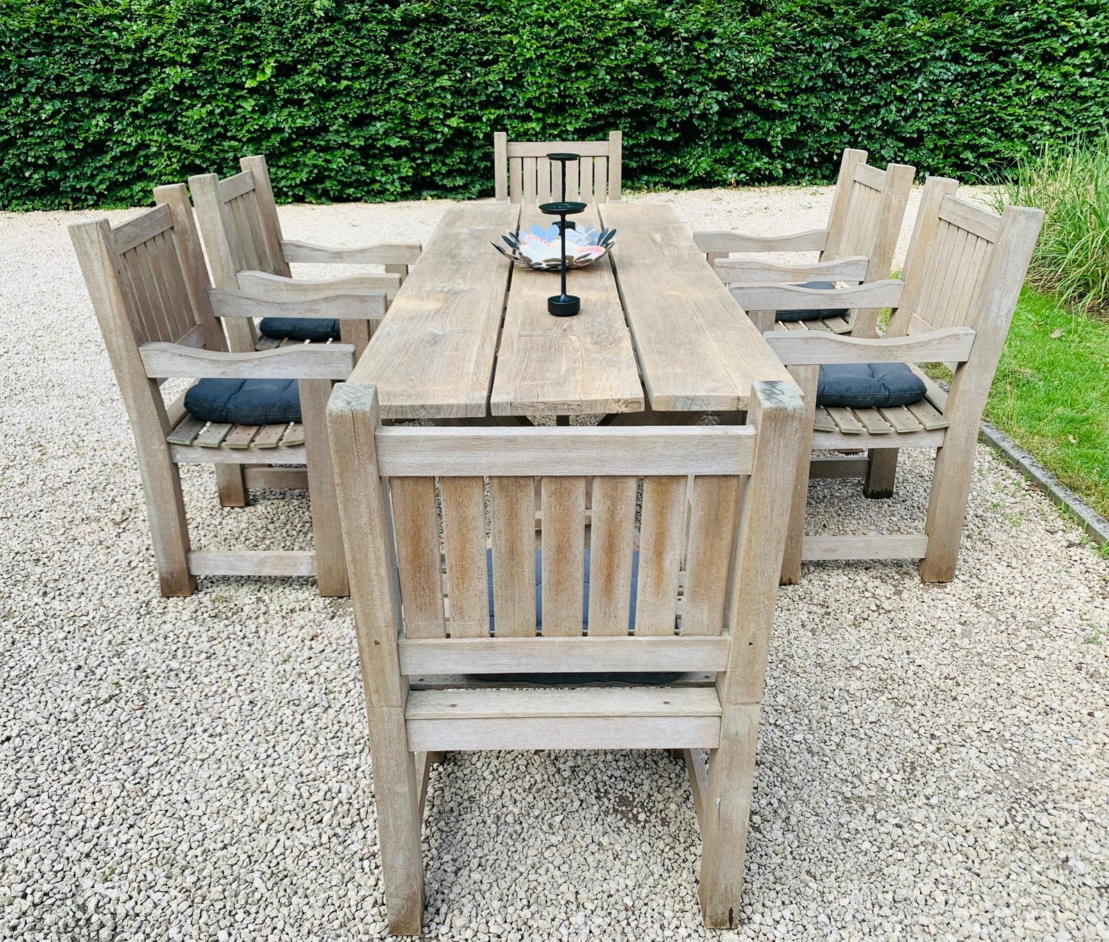 Echte Teak Tuinset Tafel 250 + 6 kasteel stoelen + kussens, Ophalen, Zo goed als nieuw, Tuinset