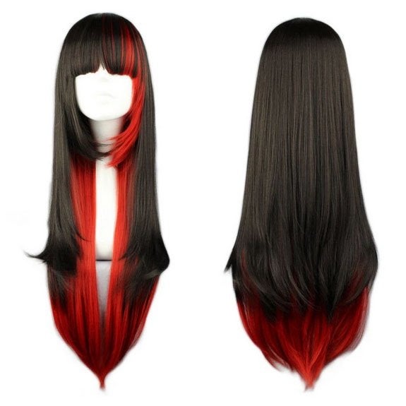 Luxe carnaval duo color zwart rood pruik lang steil haar, Ophalen of Verzenden, Nieuw