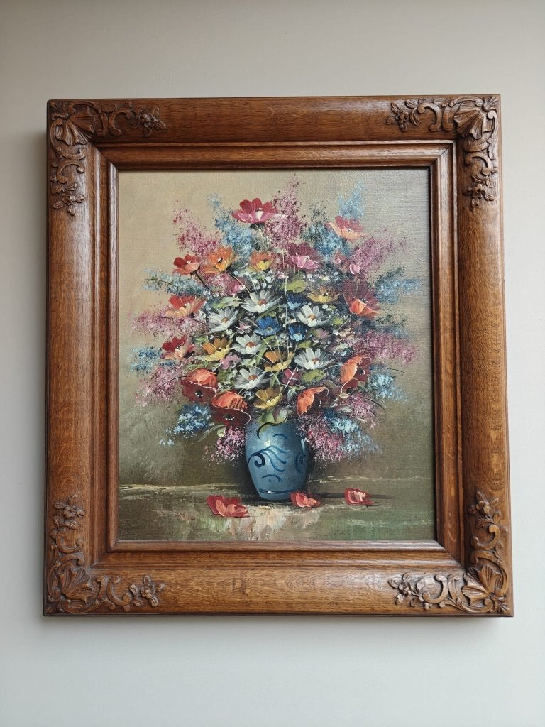 Schilderijk - Bloemenstilleven op doek met certificaat, Antiek en Kunst, Kunst | Schilderijen | Klassiek, Doek, Overige technieken