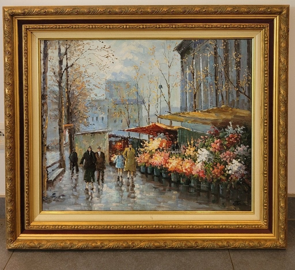 Walter SITA, de bloemenmarkt, Antiquités & Art, Art | Peinture | Classique, Enlèvement ou Envoi, Toile, Fleurs, Signé