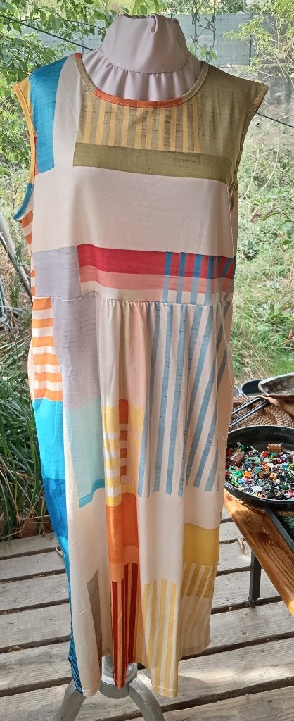 Robe midi patchwork motif coloré sans manches Taille L, Autre, Multicolore, Sous le genou, Envoi