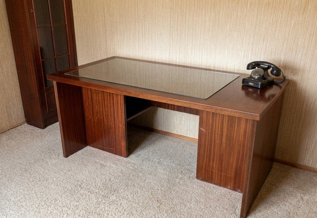 Vintage massief mahonie bureau ('60/'70), Ophalen, 160 cm, Gebruikt, Hout