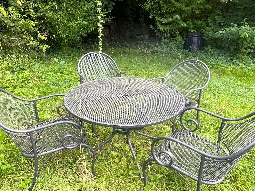 smeedijzeren tafel en stoelen, Ophalen, Gebruikt, Tuinset, Eettafel