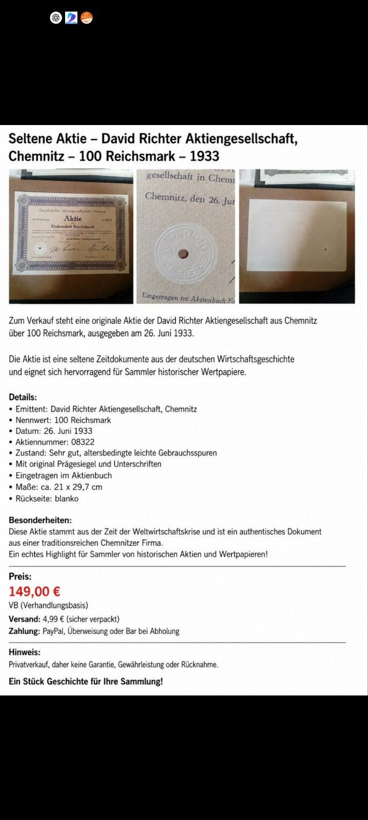 1933, Postzegels en Munten, Aandelen en Waardepapieren, Ophalen of Verzenden