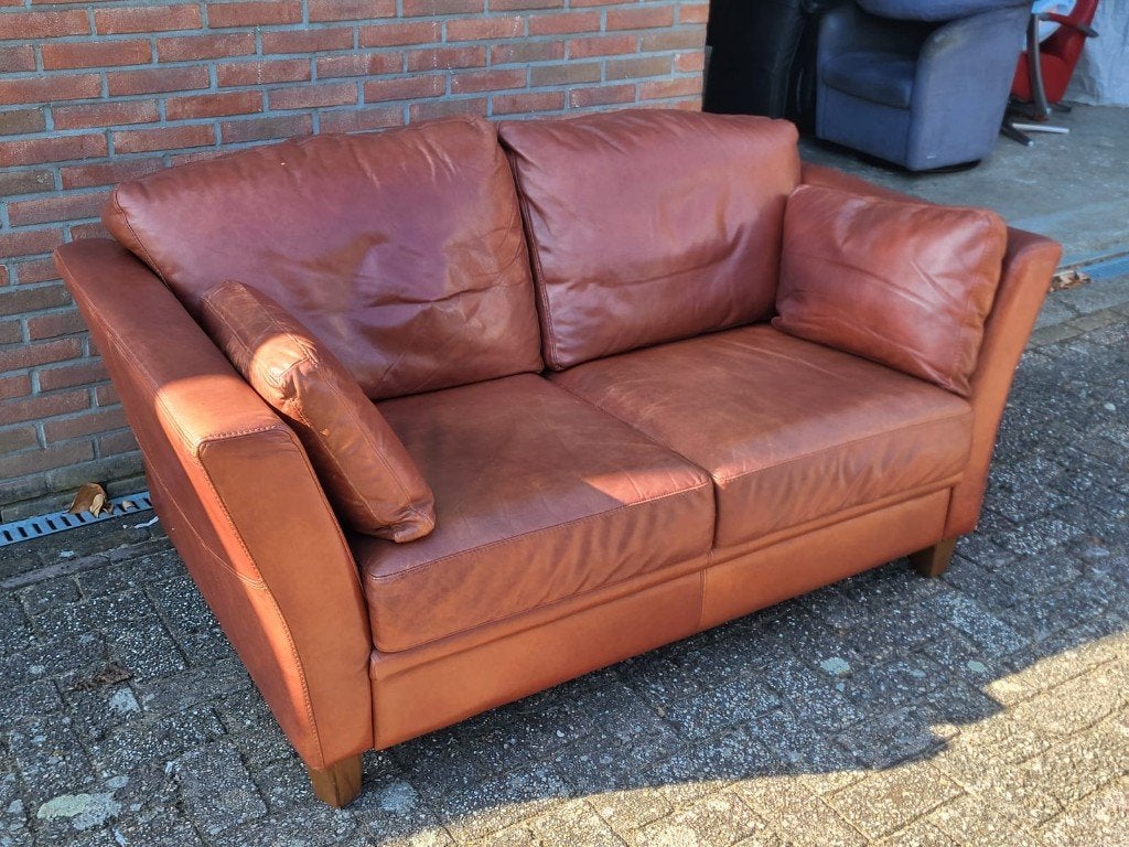 Bruine leren banken / bankstellen old saddle leer cognac, Huis en Inrichting, Ophalen of Verzenden, Gebruikt, Leer