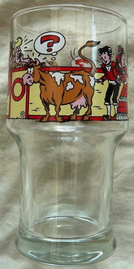 Melk Glas, Suske & Wiske - Stierenvechten, 25cl, AH, 1987., Verzamelen, Stripfiguren, Gebruikt, Gebruiksvoorwerp, Suske en Wiske