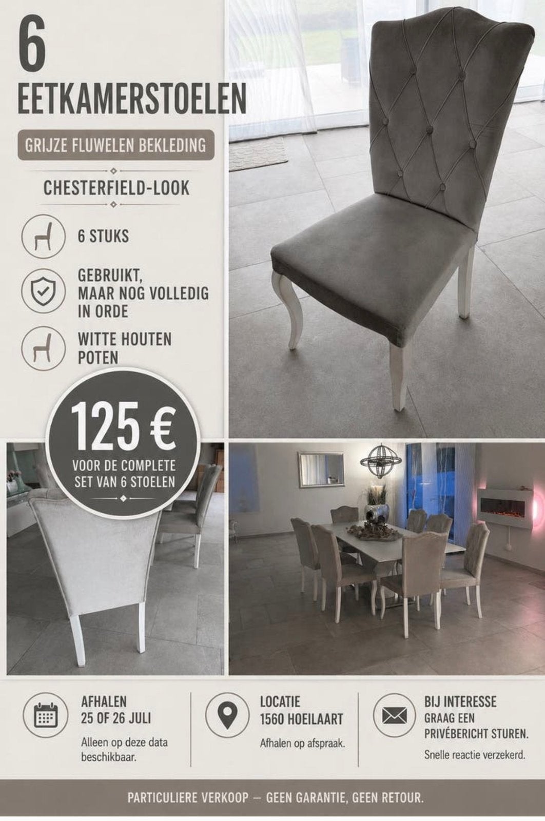 6 stijlvolle eetkamerstoelen – Chesterfield-look | €125, Huis en Inrichting, Stoelen, Gebruikt, Vijf, Zes of meer stoelen, Overige materialen