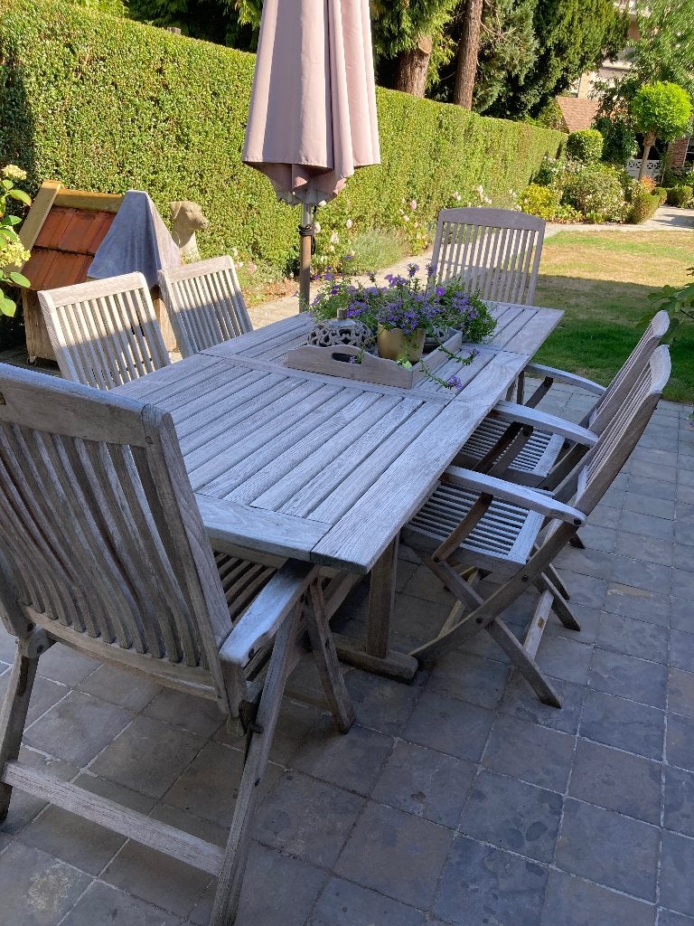 Tuinset teak voor 6 + personen, Table à dinner, Salons de jardin, Comme neuf, 6 places