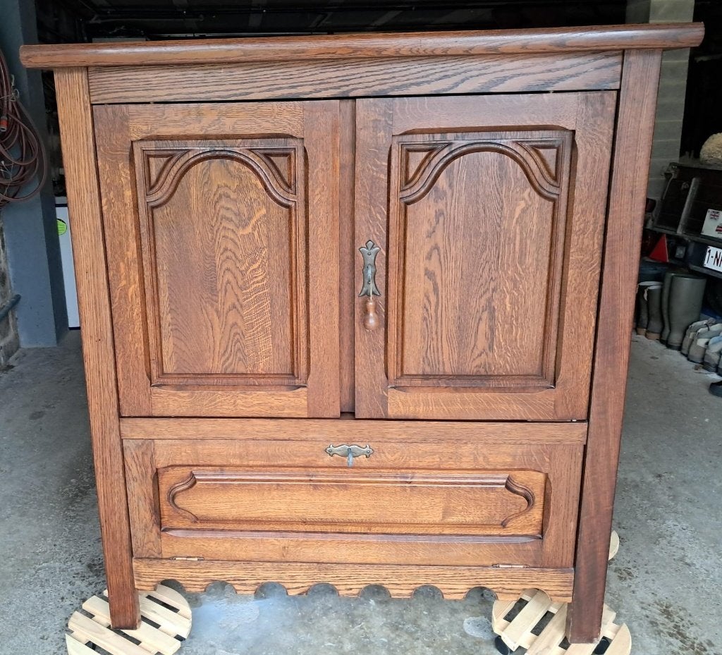 Meuble TV en bois massif chêne avec espace de rangement, Ancien, Comme neuf, 100 à 150 cm, Enlèvement