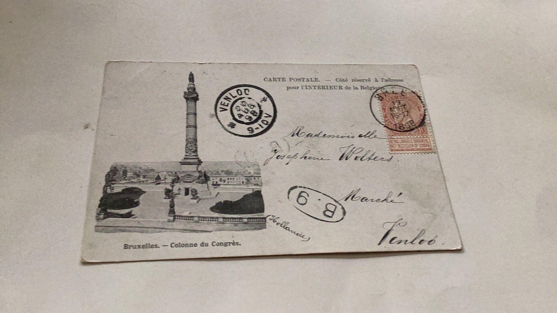 Bruxelles Colonne du Congres met postzegel 1898, Ophalen of Verzenden