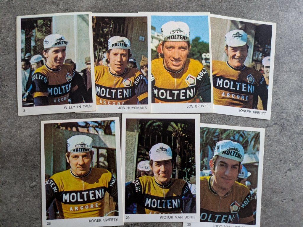 WIELRENNERS stickers anno 1973 SPRINTERS 73 MOLTENI 7x, Verzenden, Zo goed als nieuw