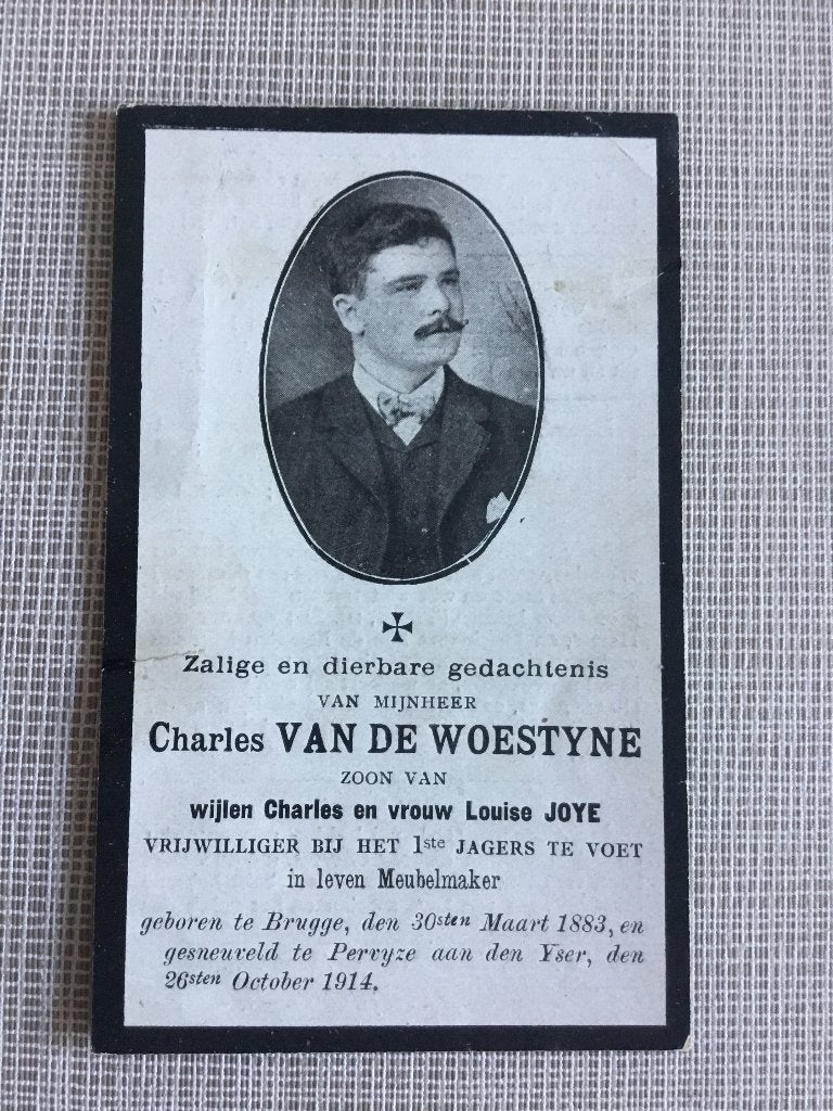 Soldaat C.Van De Woestyne Brugge gesneuveld Pervijze 1914, Verzenden, Bidprentje