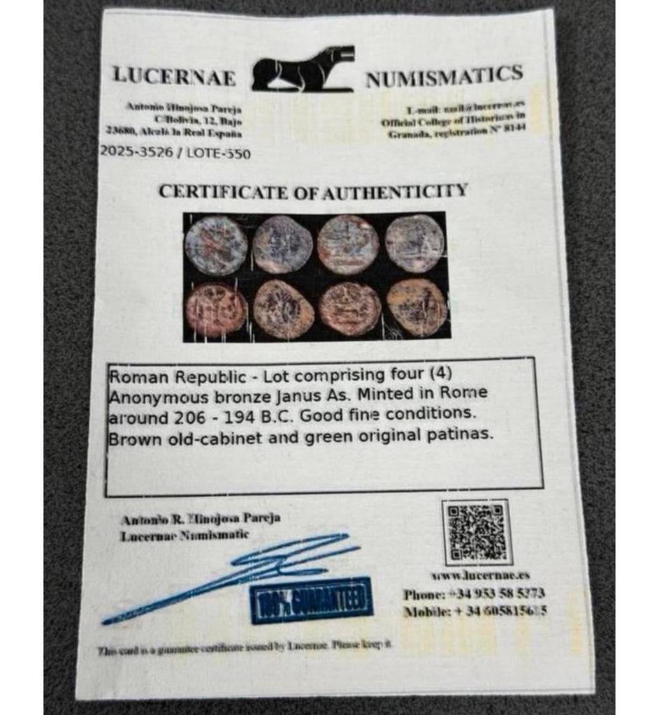 Romeinse coins 4x Janus As Munten 206-194 BC + certificaat, Antiek en Kunst, Antiek | Overige Antiek, Ophalen of Verzenden