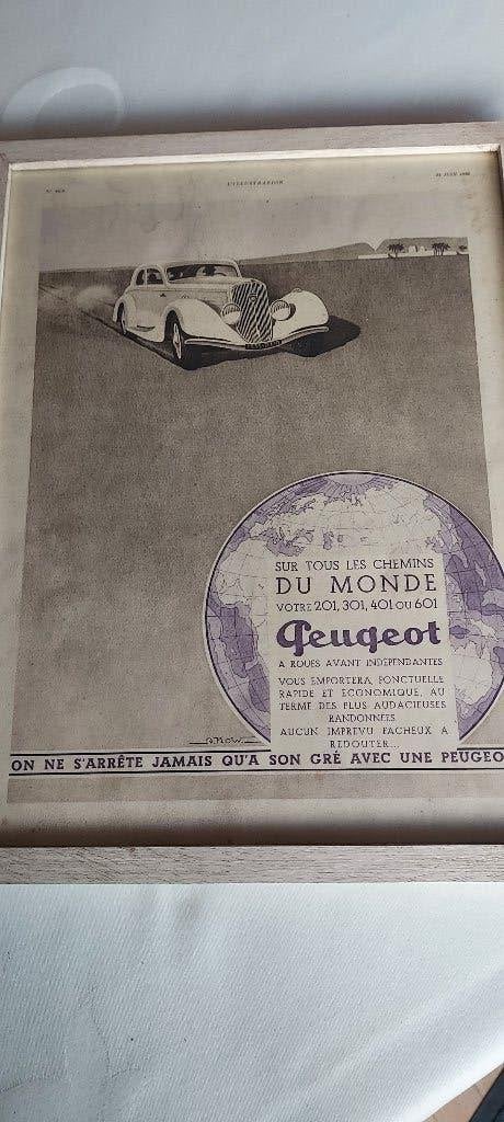 mooie reklame met Peugeot 601, 1935, op maat ingekaderd, Verzenden, Zo goed als nieuw, Reclamebord