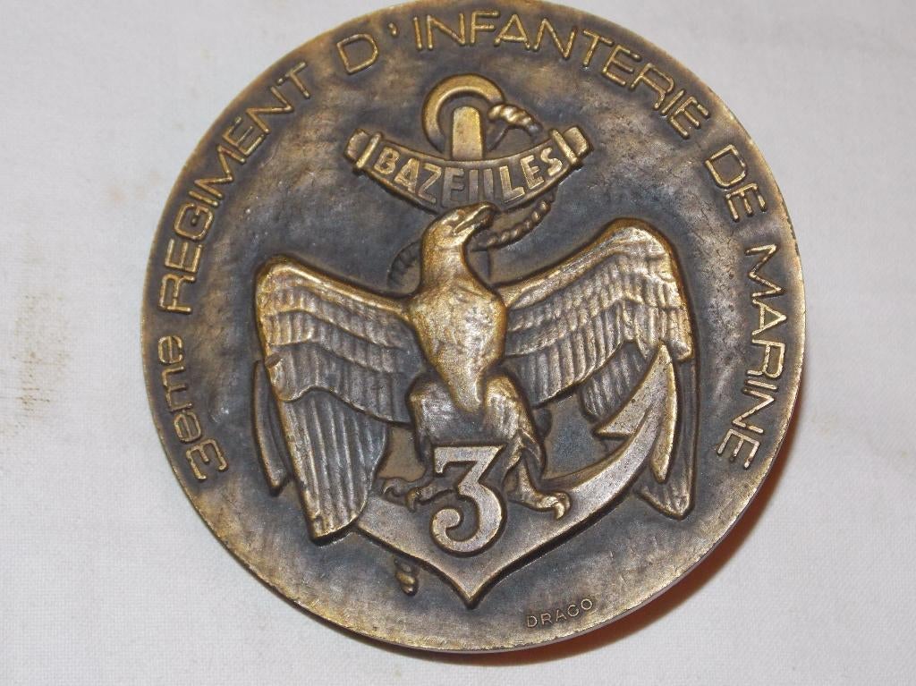 Tafel medaille 3 regiment d'infanterie de marine, Ophalen of Verzenden, Marine, Lintje, Medaille of Wings