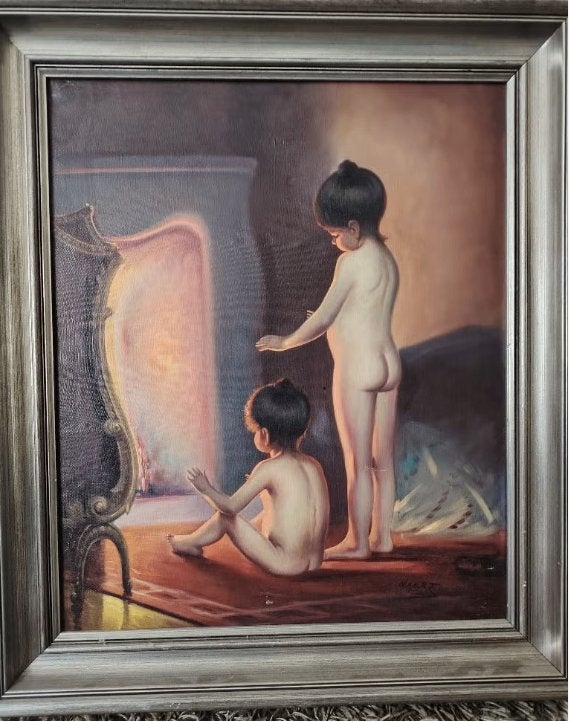 Naert (Emiel Decraene) - Kinderen bij de open haard, Antiek en Kunst, Ophalen