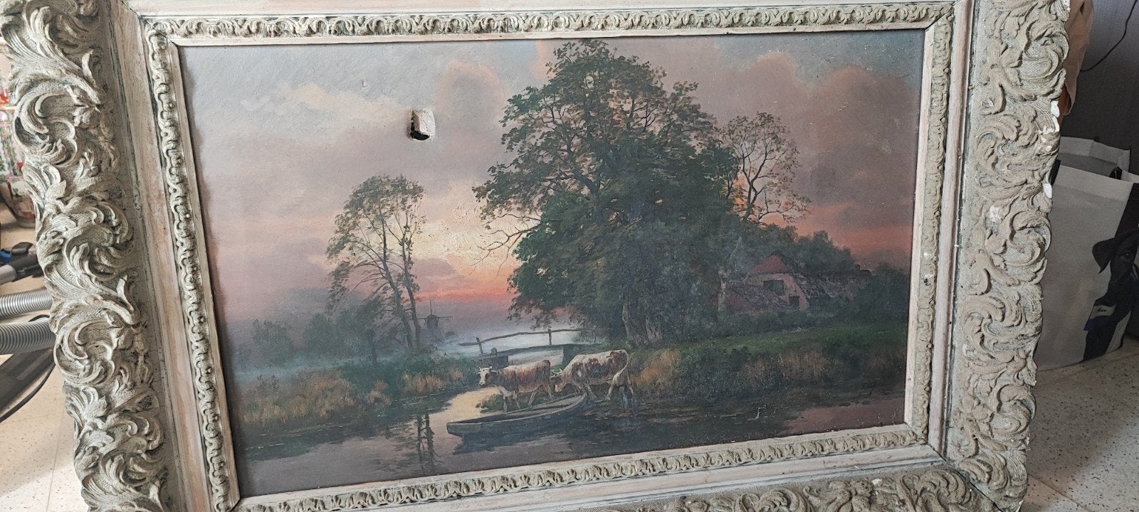 Peinture à l'huile de l'école européenne (XIXe) signée, Enlèvement, Signé, Paysage, Toile