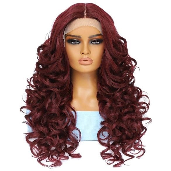 Luxe lace front pruik lang krullend haar wijnrood, Ophalen of Verzenden, Nieuw