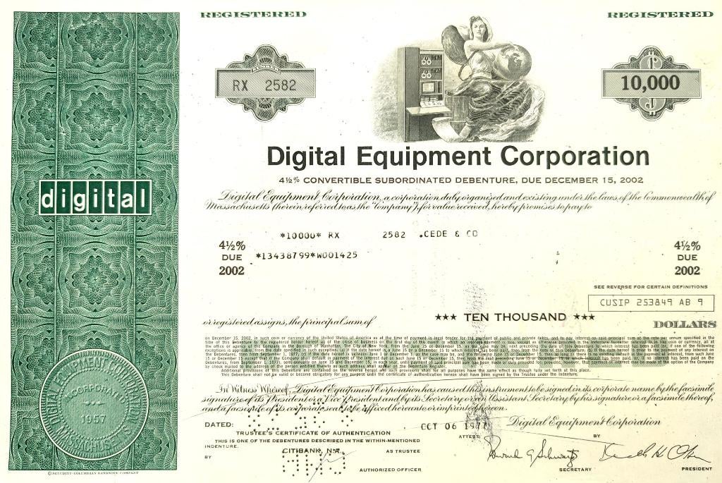 Digital Equipment Corporation (pré-Compaq & HP) 1977, Enlèvement ou Envoi, 1970 à nos jours, Obligation ou Prêt