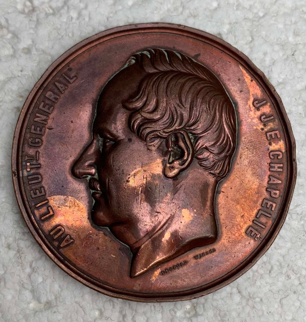 Medaille, penning Lt Generaal Chapelie Kon Milit school 1859, Collections, Enlèvement ou Envoi, Armée de terre, Ruban, Médaille ou Ailes