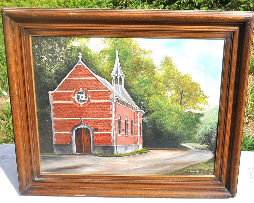 peinture chapelle d'houdeng encadrée signée J.Ghislain 1999, Enlèvement ou Envoi, Daté, Paysage urbain / rural, Toile