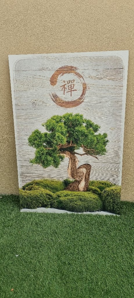 Houten wanddecoratie met Bonsai prent 90cm x 60cm, Ophalen, 60 cm, 90 cm
