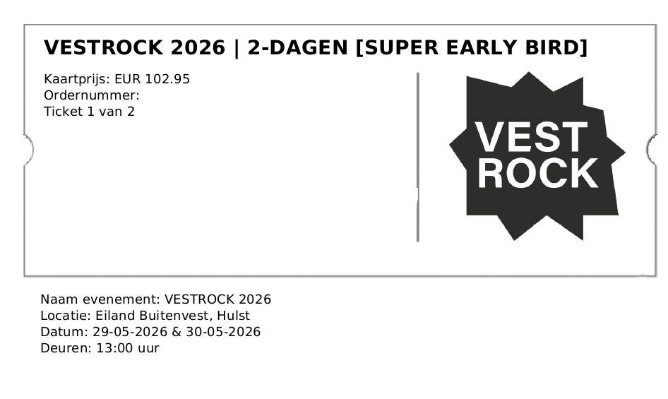 2 tickets voor Vestrock in Hulst 29-30 mei, Tickets en Kaartjes, Evenementen en Festivals, Twee personen, Meerdaags
