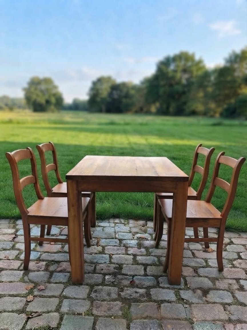 Mooie partij van 11 houten tafels met telkens 2 stoelen, Enlèvement